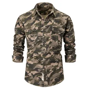 PAODIKUAI Men's Camouflage Denim Shirt Camo Washed Military Long Sleeve Button Down Shirts in Cotton for Everyday Wear Casual Menswear