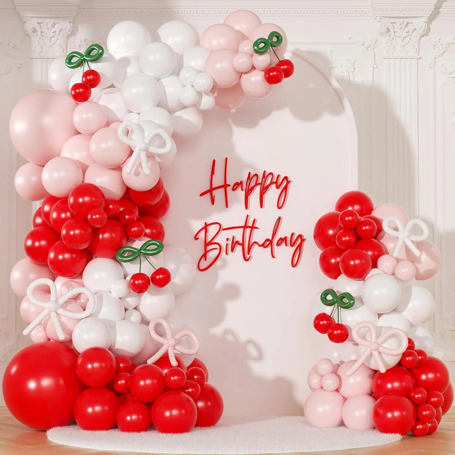 Thick Latex Cherry Red Balloon Garland Arch Kit (150 Multi-Size, Long-Lasting) with Pastel Pink, White, Bow, Pump - Quick Setup Indoor or Outdoor Decor for Mother's Day Festive Party Supplies, 150 Balloons
