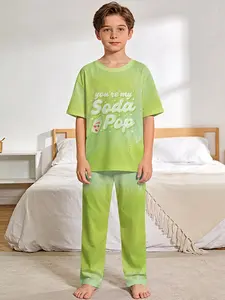 Yellow-green gradient soda bubble playful pajama set, digitally printed short-sleeve pajamas with extended sleep pants, flame-retardant fabric. Fashionable, trendy, casual, comfortable and soft pajama set, suitable for sleeping and home leisure. Made of 1