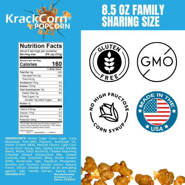 KrackCorn Popcorn Large Variety Packs+Options With A FREE Bag! Three Flavors. Crunchy Caramel. Savory Cheese. Spicy Jalapeno Heat. Gluten Free. Non GMO Corn. No High Fructose Corn Syrup.
