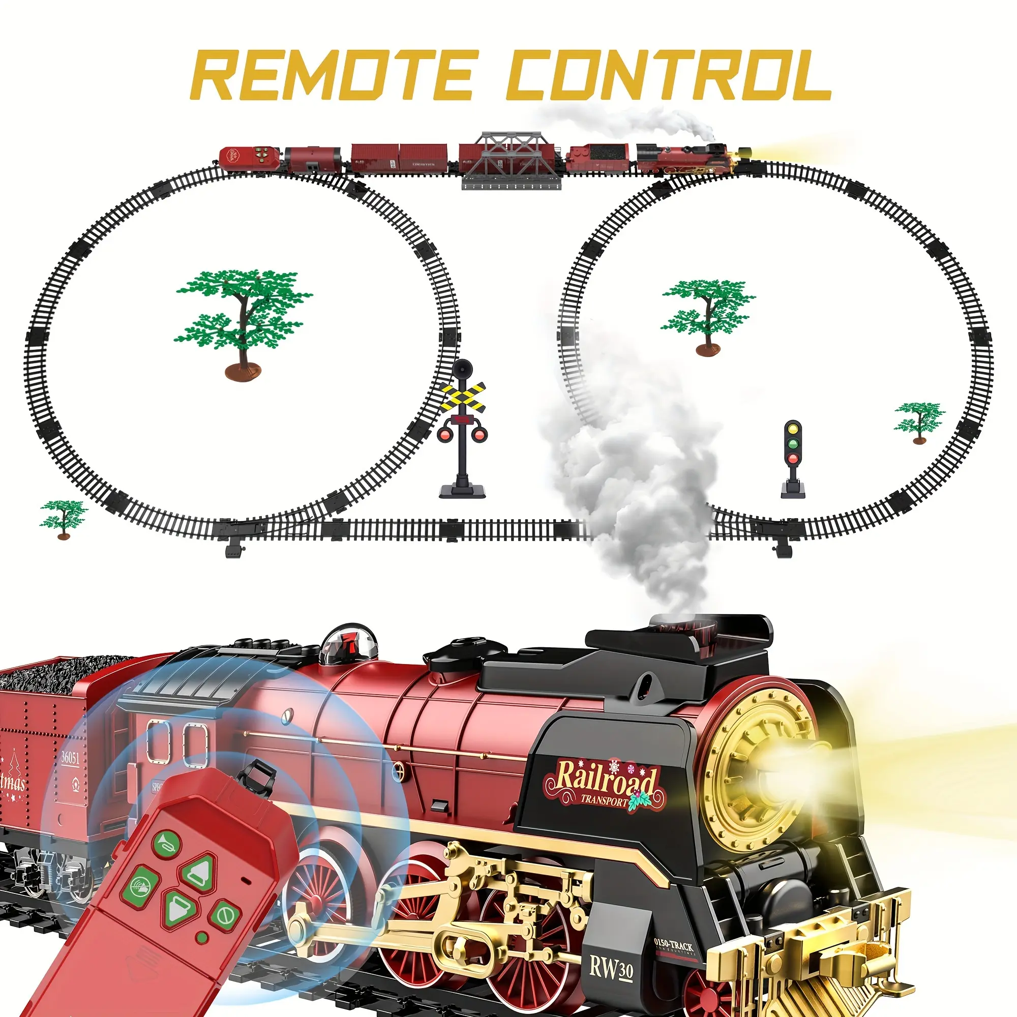 Deluxe Christmas Train Set with Remote Control, Steam Mist Electric Railway Toy with Sound, Lights & Premium Gift Box Option