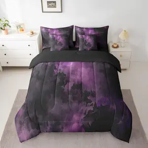 Abstract Gothic 7 Piece Bedding Set Purple Black Damask Bed in a Bag for Girls Women Modern Abstract Art Comforter Set with Sheets Soft Microfiber