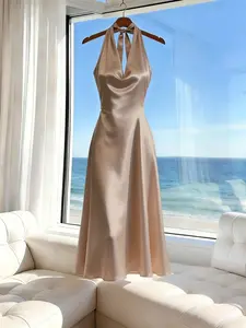Silk Halter Dress, A-Line Long Dress, Spring Summer Peach Color, Elegant Slim Fit, Sleeveless, Backless, Beach Party, Evening Event