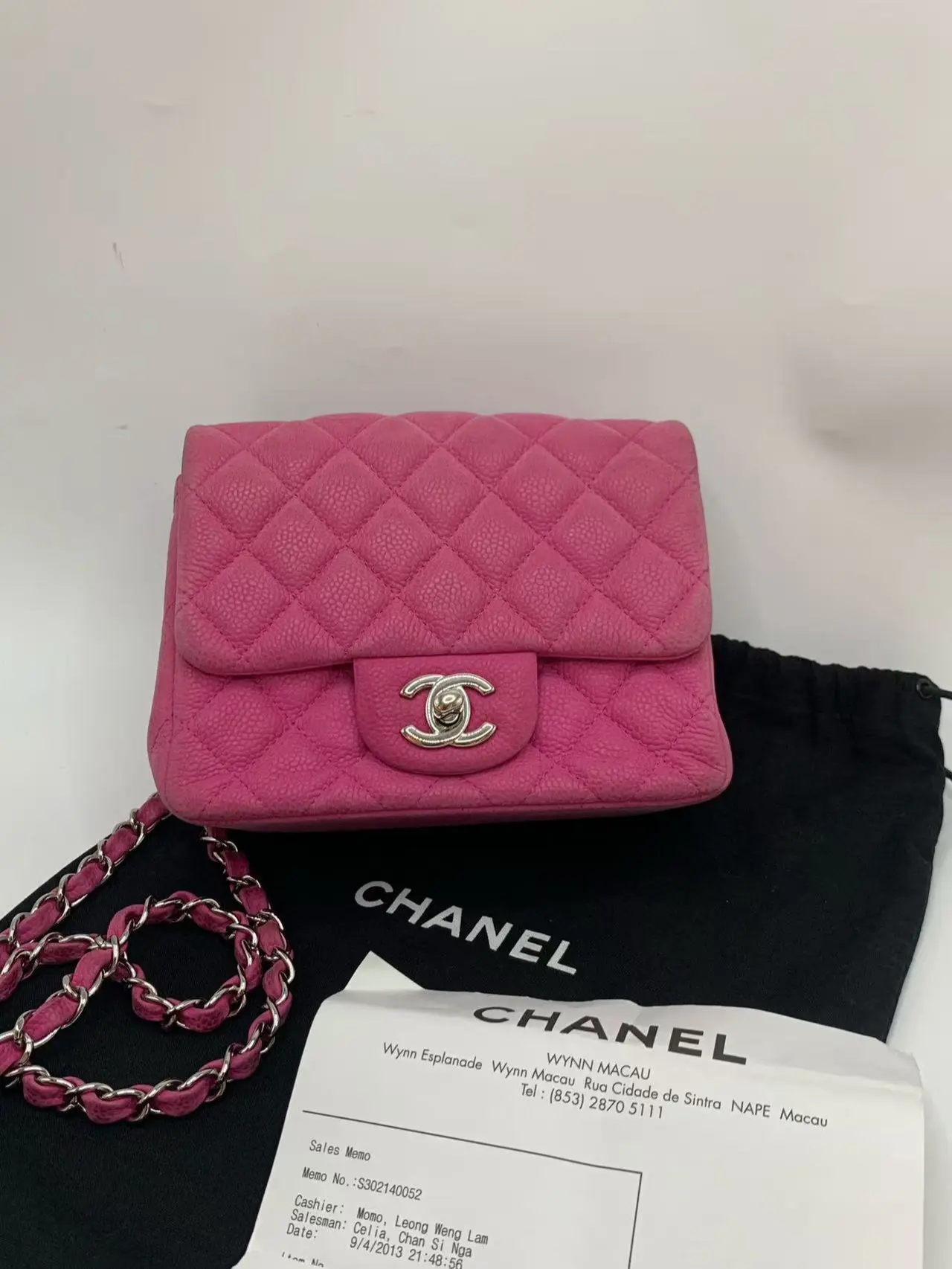 Pre-owned CHANEL Classic Flap (CF) Mini in Rose Pink with Silver Hardware, 17 series(2012 2013), Matte Grained Caviar Leather, Includes Receipt, Dust Bag, and Shoulder Strap
