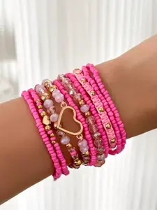 Women's Valentine's Day Heart Beaded Bracelet Set, 10-Piece Holiday Style Pearl Jewelry Collection, Unique Layered Design, Stackable Bracelets