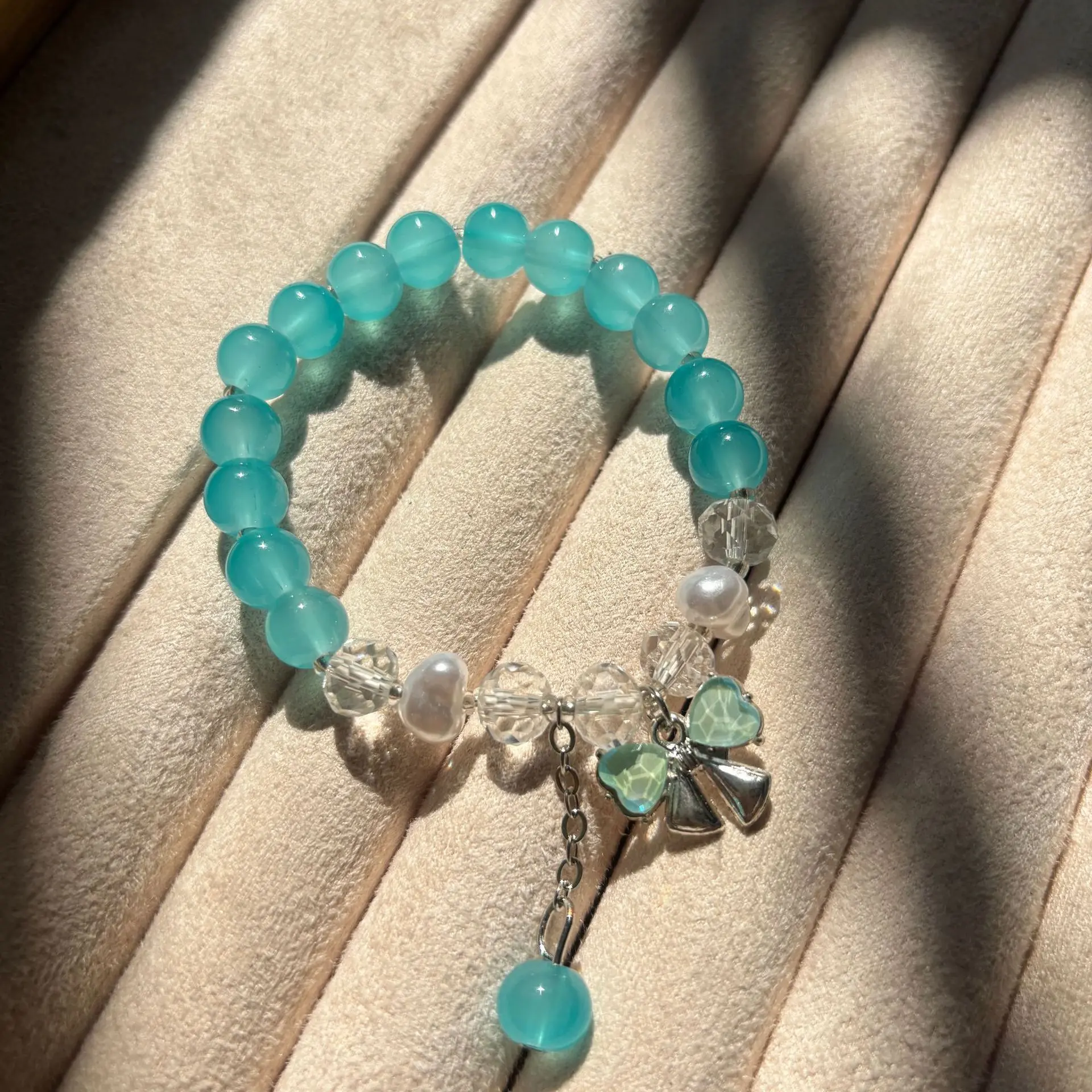 Blue imitation jade bow pearl bracelet#SZ196