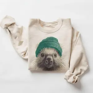 Vintage Cute Porcupine Wearing Beanie Sweatshirt – Woodland Creature Crewneck, Camping & Hiking Gift, Retro 90s Unisex Wildlife Outdoors Pullover