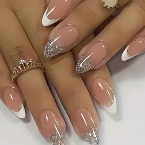 24pcs Luxurious Silver Gradient French Tip Nails, Nude Base with French Edge, Long-Lasting Adhesive Nail Art for Parties Nail Design Kit