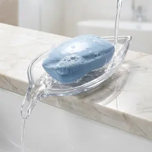 Self Draining Decorative Leaf Shape Clear Bar Soap Dish, Soap Holder for, Sink and