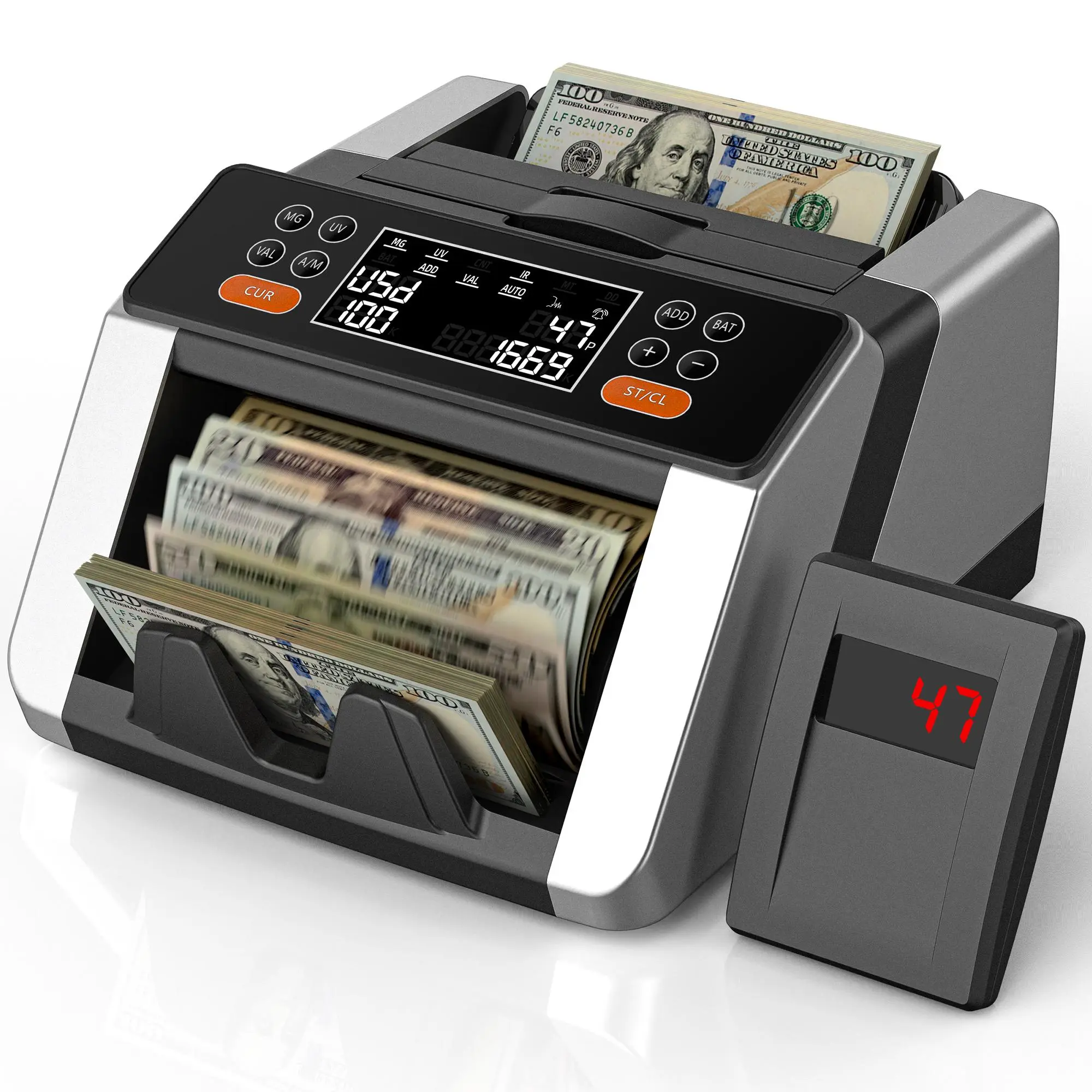 PONNOR Money Counter - 5 Anti-Fake Checks, Smart Batch Mode, Auto Mode, LCD Screen, External Display - Counts USD, EUR