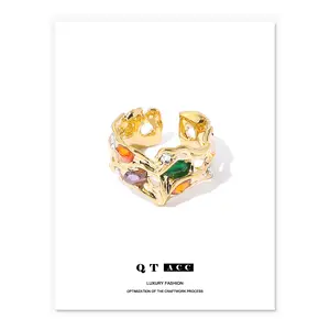 High color retention vacuum electroplated real gold, trendy and unique colored zircon natural pearl lava ring, niche ins style