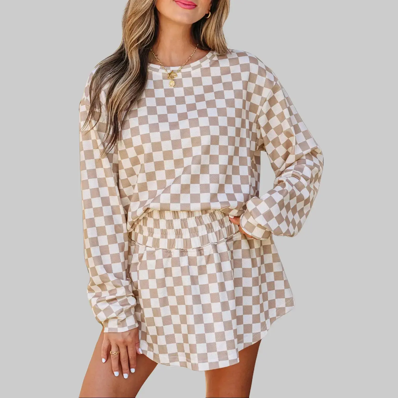 Women's Chic 2-Piece Checkered Round Neck Shortsleeve T-Shirt & Ruffle High-Waist Skort Set, 2026 Summer Casual Outfit with Soft Smocked Breathable Fabric, lc627483-p1720 for Daily Wear (2 Piece Sets Women), Outfits Inspo, Matching Sets