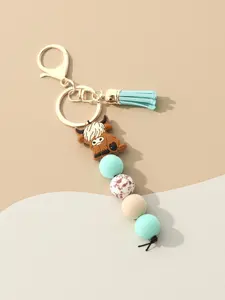 Highland Cow Silicone Beaded Keychain with Tassel, Cute Charms Keychain, Cute Cartoon Punk Style, Animal Theme, Lobster Clasp, Ideal Gift for Friends
