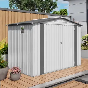 8x6 FT Compact Metal Garden Shed with Lockable Door & Side Window, Pitched Roof Waterproof Storage for Backyard, Patio, Tools & Bike Storage