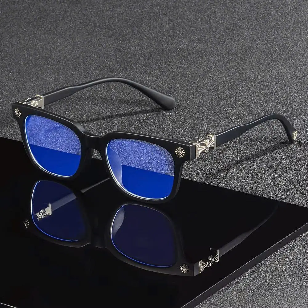 Luxury Square Glasses Black Frame Clear Lens, Silver Detail Fashion Eyewear, Trendy Unisex Statement Glasses for Men Women