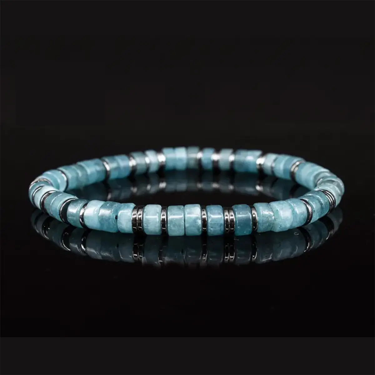 Women's Handmade Natural Aquamarine & Hematite Beaded Bracelet - 6.5-7in Elastic Adjustable Stretch Bracelet - Healing Jewelry for Inner Peace, Elastic Bracelet, Adjustable Bracelet