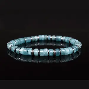 Natural Aquamarine & Hematite Bracelet for Women- 6.5-7inch Handmade Gemstone Beaded Stretch Bracelet - Healing Jewelry for Inner Peace
