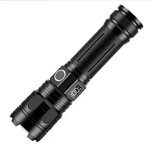 Aluminum flashlight with 5 brightness modes, long battery life, Retractable zoom lighting，USB‑C/Type‑C direct charging, and power bank function for phones. 500m beam distance, waterproof, ideal for camping, hiking, traveling and emergency use
