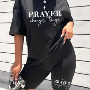 Plus Size Letter Print Two Pieces, Casual Short Sleeve T-shirt & Biker Shorts Outfits, Women's Plus Size Clothing
