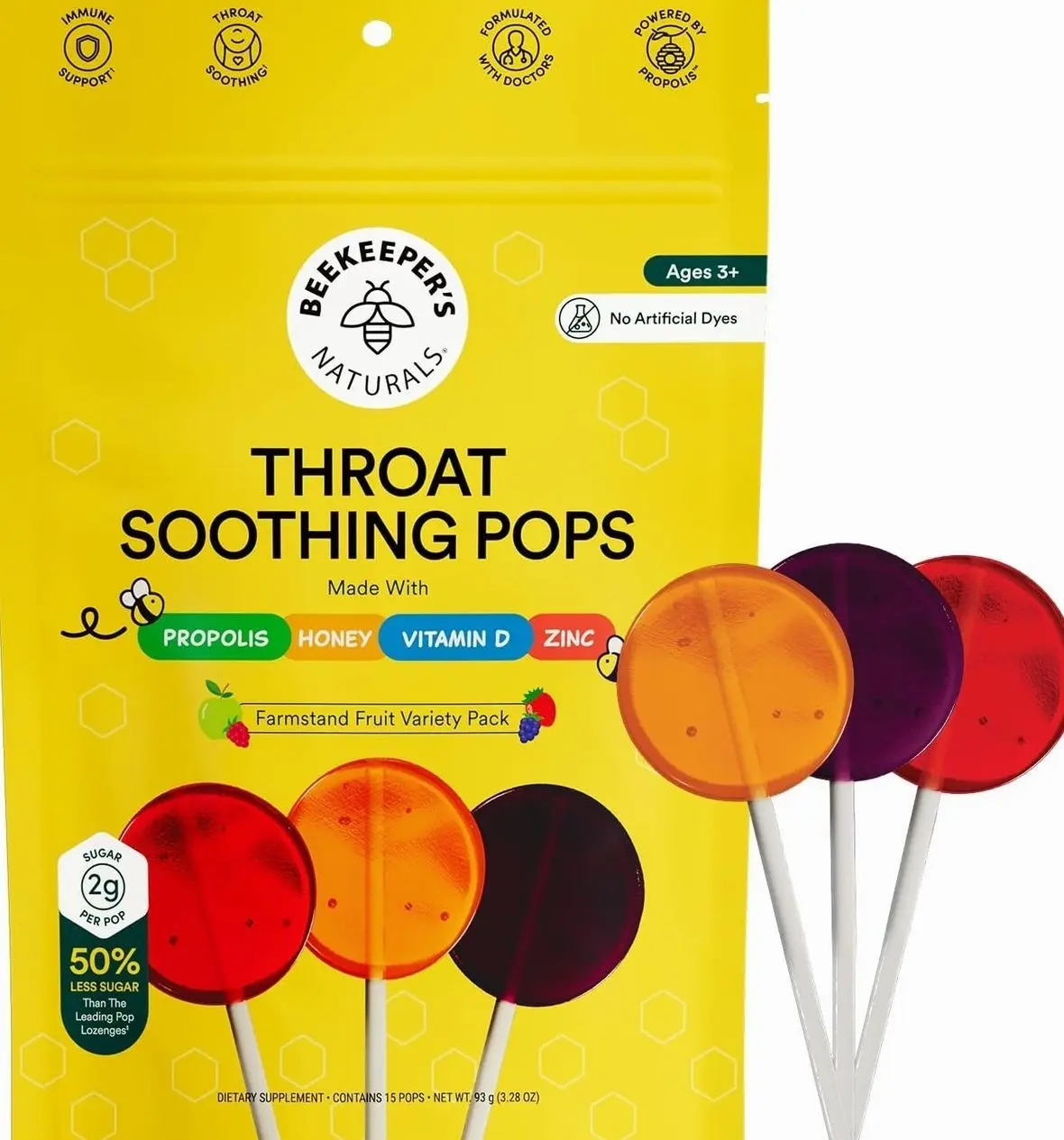 Kids Throat Soothing Lollipops by Beekeeper's Naturals - Doctor Formulated Immune Support, Vitamin D & Honey, Under 2g Sugar, Clean Ingredients,15 ct