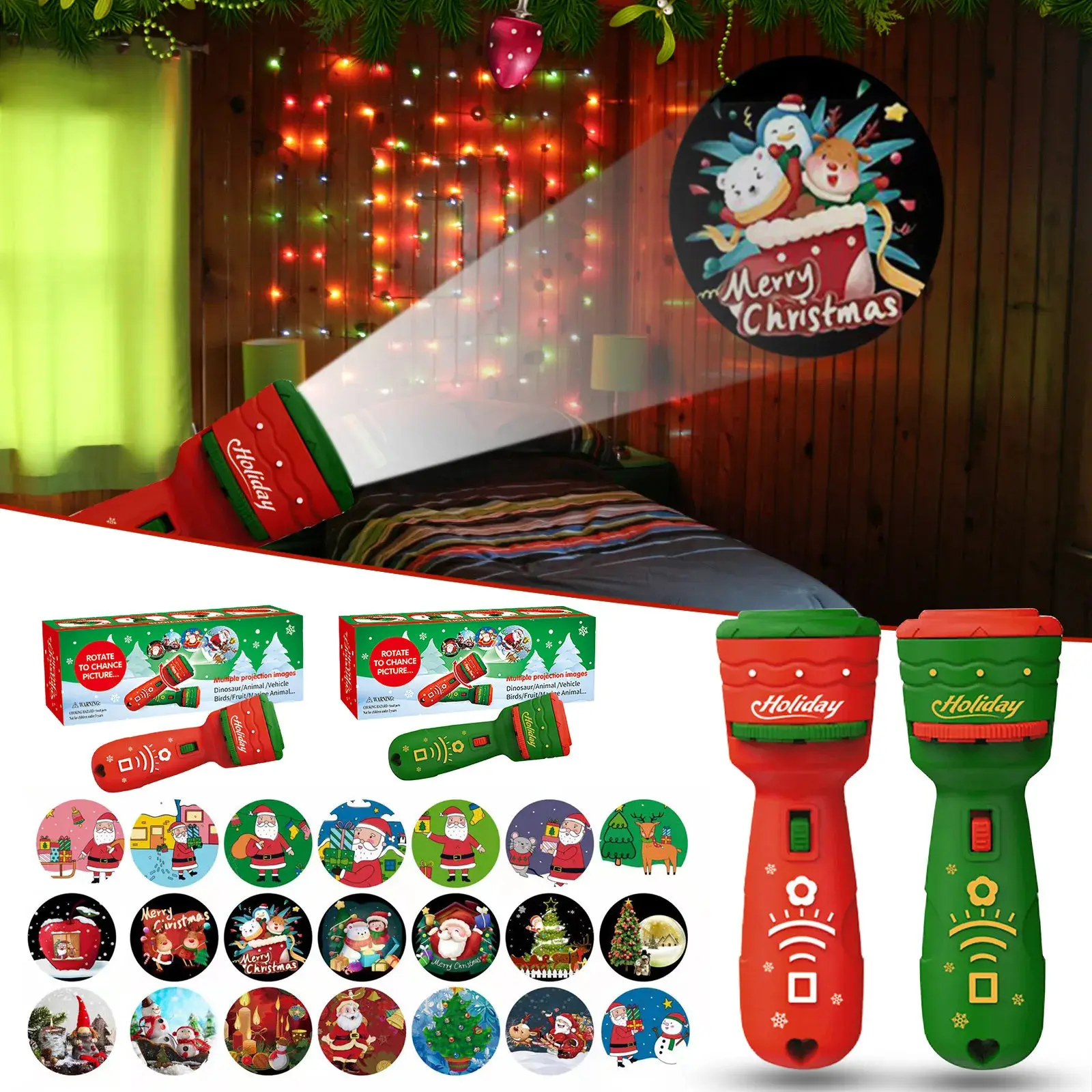 Flashlight Christmas Projector Lifelike 21 Patterns Santa Claus Christmas Tree Education Toy Gift