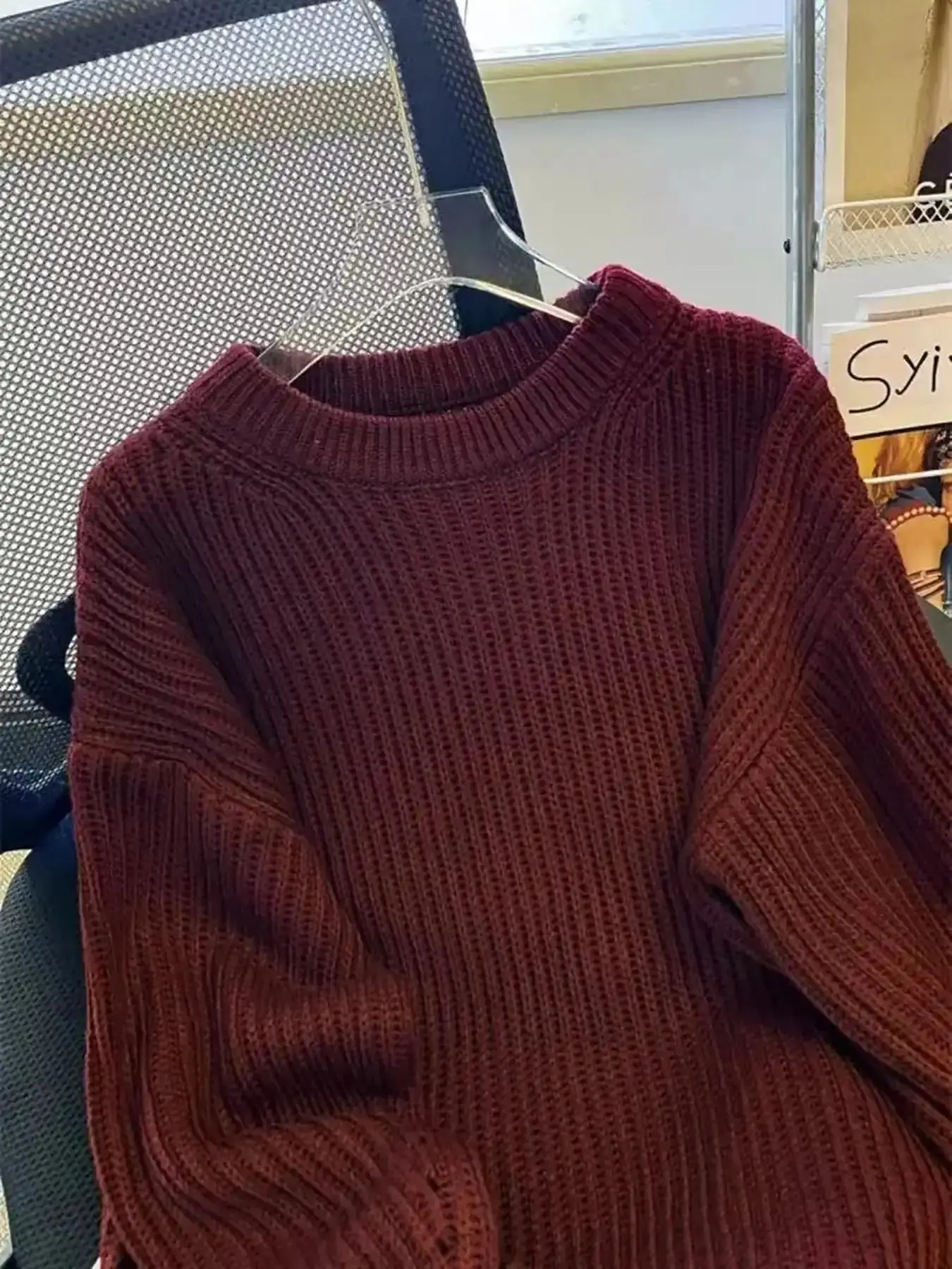 Autumn Winter Burgundy Solid Color Round Neck Sweater, Casual Loose Fit Baggy Oversized Knitwear, High-End Lazy Style Pullover, Vintage Slimming Top versatile fall fashion comfy chic elevated basics