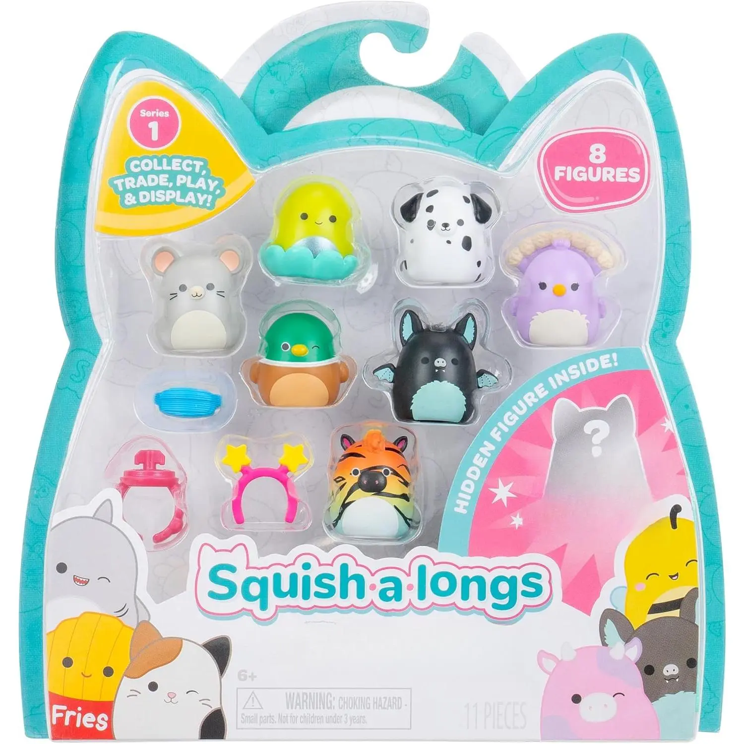 Squish-a-longs 8-Pack - 1" Mini-Squish Toys with 2 Accessories, 1 Ring, and a Collector’s Guide for Collecting, Trading, and Playing (Baby Costume Jewelry), No