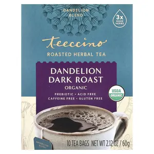 Teeccino Organic Roasted Herbal Tea, Dandelion, Dark Roast, Caffeine Free, 10 Tea Bags, 2.12 oz (60 g)