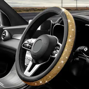 Leather Steering Wheel Cover, 15 Inch Bling  Rhinestone Anti-Slip Wheel Protector, Universal Sparkling Elegant  Steering Wheels Cover for Women Girl (Golden)