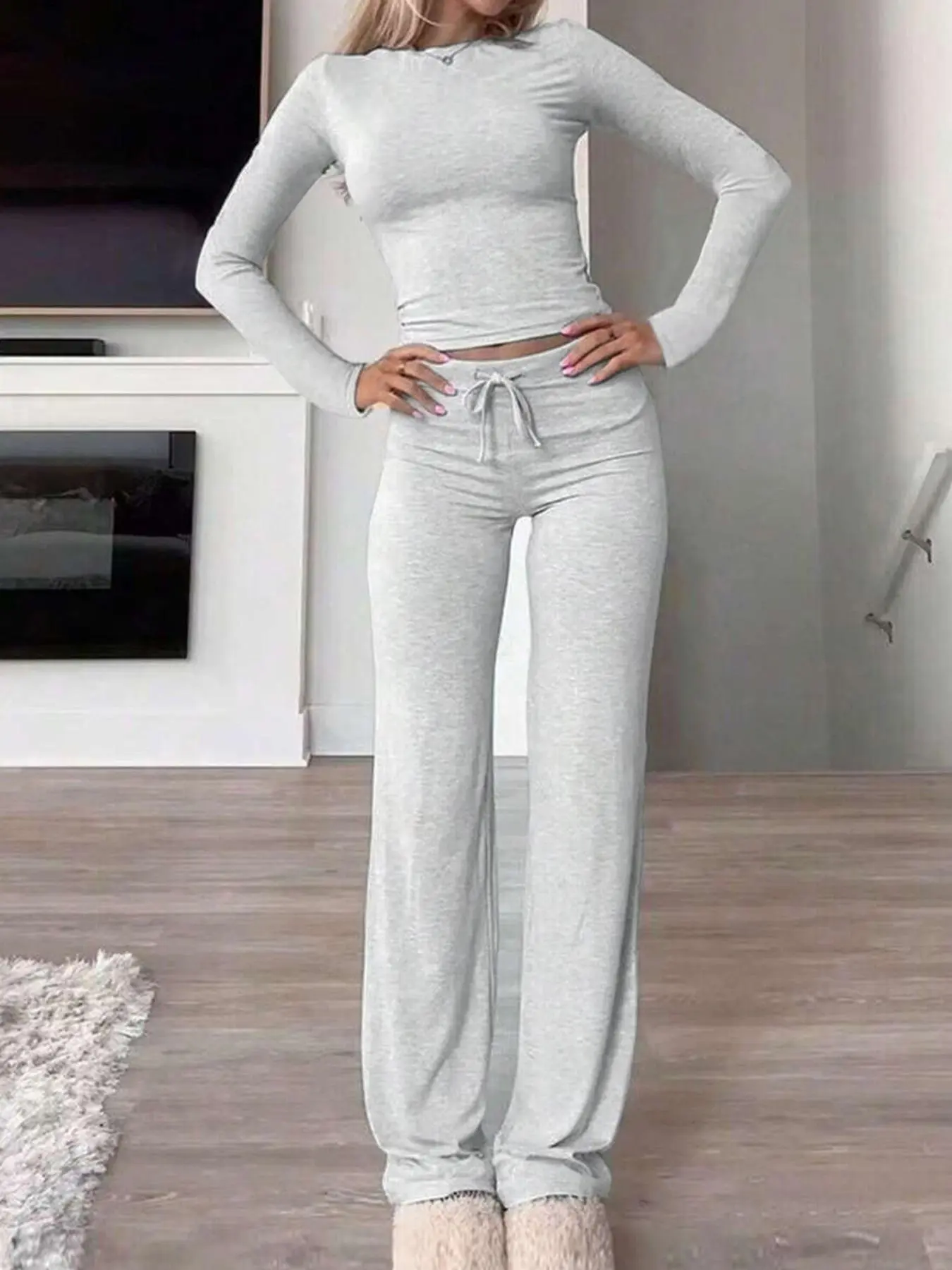 Women's Solid Long Sleeve Crop Top & Drawstring Waist Straight Leg Pants Loungewear Set, Casual Comfy Round Neck Top & Trousers PJ Set, Ladies Sleepwear for Summer & Fall