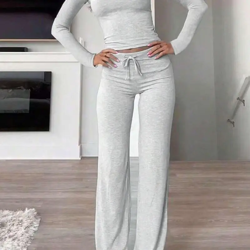 Women's Soft Solid Modal Adjustable Drawstring Homewear Lounge Set, Casual Fit Long Sleeve Round Neck Top & Pants Loungewear Set, Ladies Sleepwear Pajama Set for Spring & Fall, Loungewear Pajamas