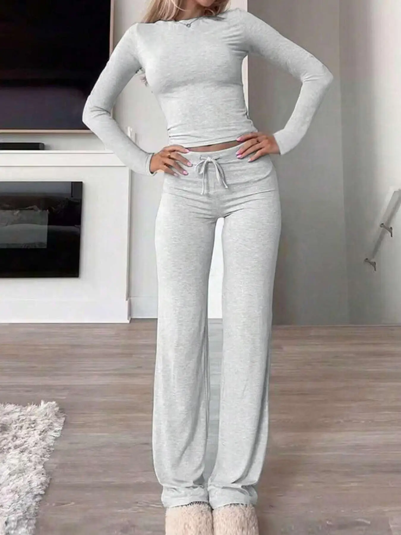 Women's Solid Long Sleeve Crop Top & Drawstring Waist Straight Leg Pants Loungewear Set, Casual Comfy Round Neck Top & Trousers PJ Set, Ladies Sleepwe