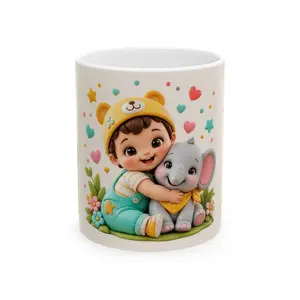 Cute Boy Hugging Elephant Mug | Cute Cartoon Nursery Ceramic Mug