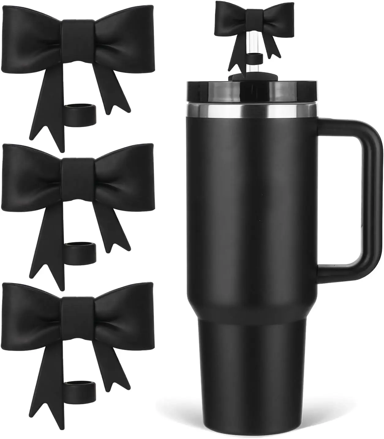 Bow Straw Cover Topper for Stanley Cup,Silicone Black Straws Toppers for Tumbler with Handle 40oz,Cute 10mm/0.4in Covers Cap,Dust-Proof Reusable Lids for Stanleys Cups Accessories