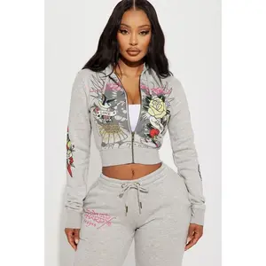 Ed Hardy Rose And Sword Zip Front Hoodie - Heather Grey Z