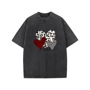 Women's Vintage Acid Wash Oversized T-Shirt, Leopard Plaid Stripe Love Hearts Graphic Tee, Retro Washed Loose Fit Short Sleeve Top, Valentine's Day Gift Y2K Streetwear