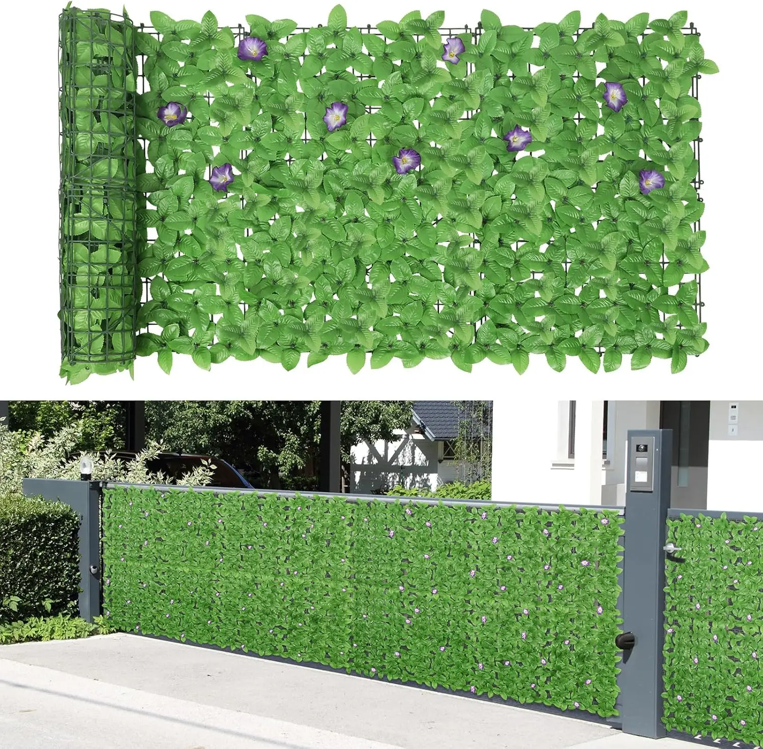 24-Pack Expandable Artificial Leaf Privacy Fence Panels - Lightweight Easy-to-Install 132x37.8 inches Privacy Screen with Faux Green Leaves, Purple Flowers for Patio Backyard, Aesthetic Home Improvement Garden Decor, Aesthetic Appeal