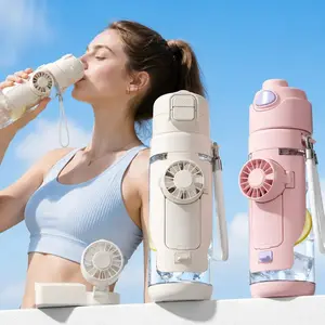 690ml Large Capacity 3-in-1 Outdoor Water Bottle with Built-in Foldable Fan, USB-C Rechargeable 3-Speed Cooling Cup, Straw & Dual Drink Modes – Portable Summer Gift for Beach, Camping