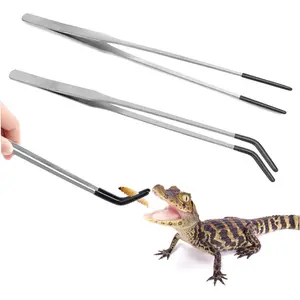 2 count Stainless Steel Reptile Feeding Tongs with Rubber Tip, 10.6" Straight & Curved Long Tweezers,  for Aquariums & Crafts - Ideal Bearded Dragon Tank Accessories, Terrarium Supplies (Sliver)