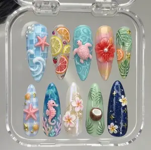 Handmade Y2K Marine Press On Nails, 3D Sea Turtle & Wave Nail Set, Pink Starfish Gingham Details, Nails For Bold Artistic Vibes