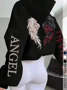 Women's Hooded Sweatshirt Angel & Demon Wings Print Gothic Street Style Loose Casual Wear, Daily Fashion Long Sleeve Pullover