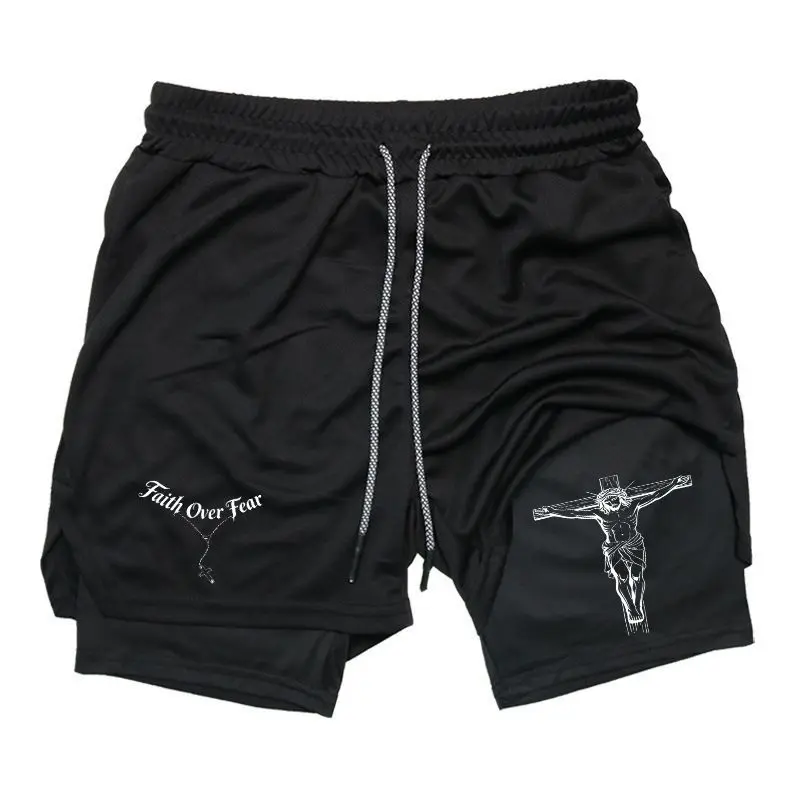 Faith Over Fear Print Drawstring 2 in 1 Running Gym Athletic Shorts Anime Drawstring Elastic Waist Shorts Athletic Shorts