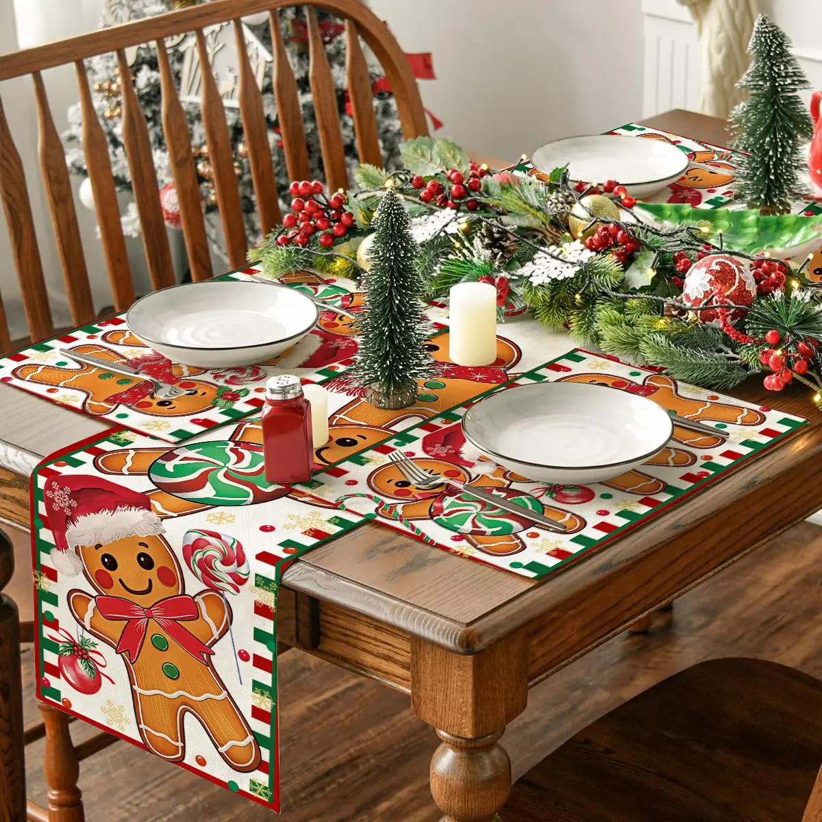 1/4/5/7pcs Christmas Gingerbread Man Table Mat Set, Cute Gingerbread Man Anti slip Thermal Insulation Table Mat, Christmas Tree Snowman Pattern Table Banner, Party and Party Table Decoration Table Banner Table Mat, Kitchen Decoration, Table Runners