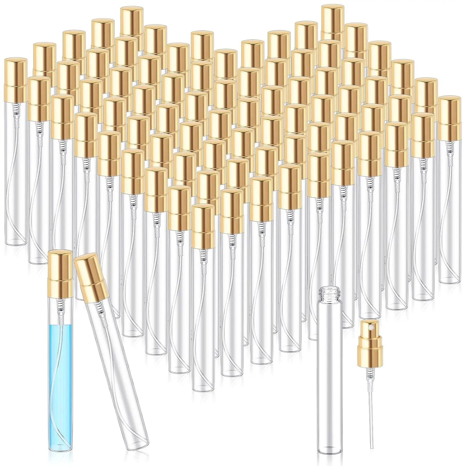 50 Pcs Mini Spray Bottles 10 ml Clear Glass Perfume Bottles Refillable Fine Mist Perfume Atomizer Portable Empty Sample Containers for Cleaning, Essential Oils, Travel (Gold Cap)
