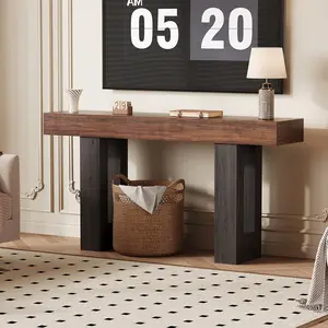 63" Rustic Brown & Gray Narrow Console Table with Power Outlet, USB & Type-C Ports, Extra Long Behind-Couch Sofa Table for Entryway, Hallway & Living Room