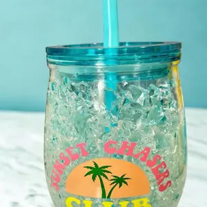 Freezable Acrylic Tumbler with Sunset Chasers Club Design and Blue Straw
