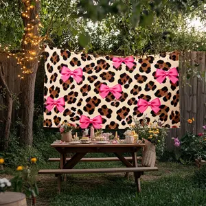 Banner, 1 Pc, Welcome Leopard Print Pink Bow Theme Backdrop, Size 43.3x70.8 in & 59x82.6 in, Polyester Fabric, Perfect for Home Decor, Room and Party Decoration, Outdoor Holiday Decor, 2D Decorative Flag
