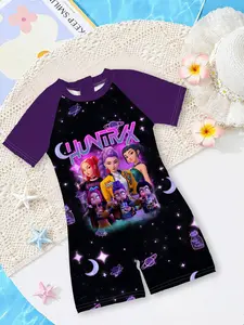 Girls' one-piece swimsuit, Swimwear Bathing Suit, HUNTRIX Girls' Group Cool Style features black-purple color contrast + starry sky print design, and enhances the atmosphere of swimming in the pool or playing by the seaside in summer