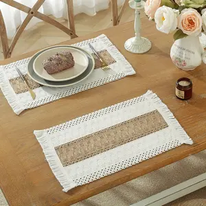 4pcs Boho Square Placemats | Burlap Macrame Table Decor, Farmhouse Style Table Mat, Western Food Pad, Coffee Table Mat | for Dining Table, Restaurant Decor, Party Decor, Home Decor