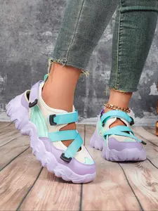 Women's Fashionable Patchwork Velcro Sandals, Casual Comfortable Breathable Sports Sandals for Summer, Female All-match Round Toe Shoes for Daily Wear, Colorblock Design Sandals